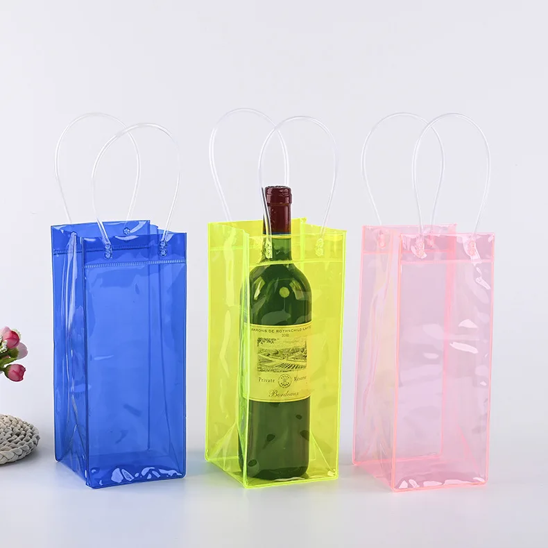 Customized Logo Waterproof Portable Clear Transparent Pvc Ice Bag Cooler Pouch With Handle For Wine Beer Champagne Bottle