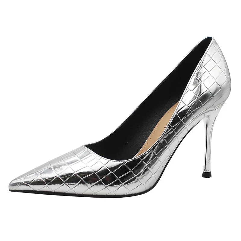 Pencil Heels Women Metallic Fabric Crocodile Shoes  New Spring Autumn Classic Women Black Silver Checkered Pattern Patent