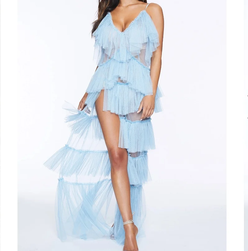 High slit baby blue evening dress women many layers transparent mesh long dress party maxi dress bale