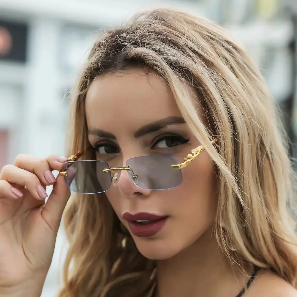 2022 Hot Rectangle Cheetah Decoration Sunglasses Men Sun Glasses Fashion Square Rimless Sunglasses Women Panther on Temples