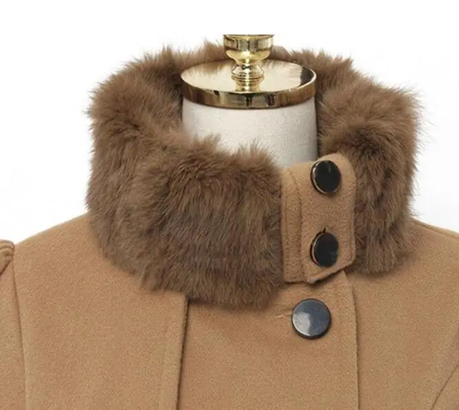 WIIPU Women Wool Coat Vintage England Woolen Blends Thin Winter Warm Plus Size Overcoats Faux Fur Collar Fashion Coats
