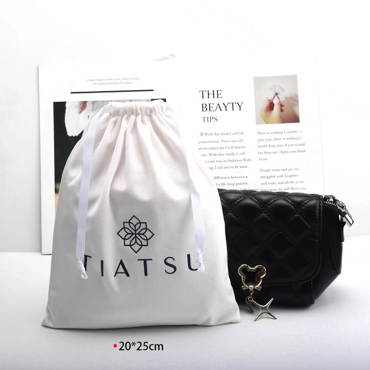 Custom Logo Printing White Velvet Drawstring Dust Sock Shoe Pouch Reusable Plush Flannel Shopping Velvet Bag