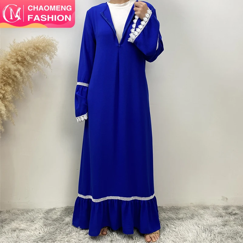 6770# Elegant flare sleeve with white lace muslim women chiffon summer maxi dress fashion abaya dresses 5 colors