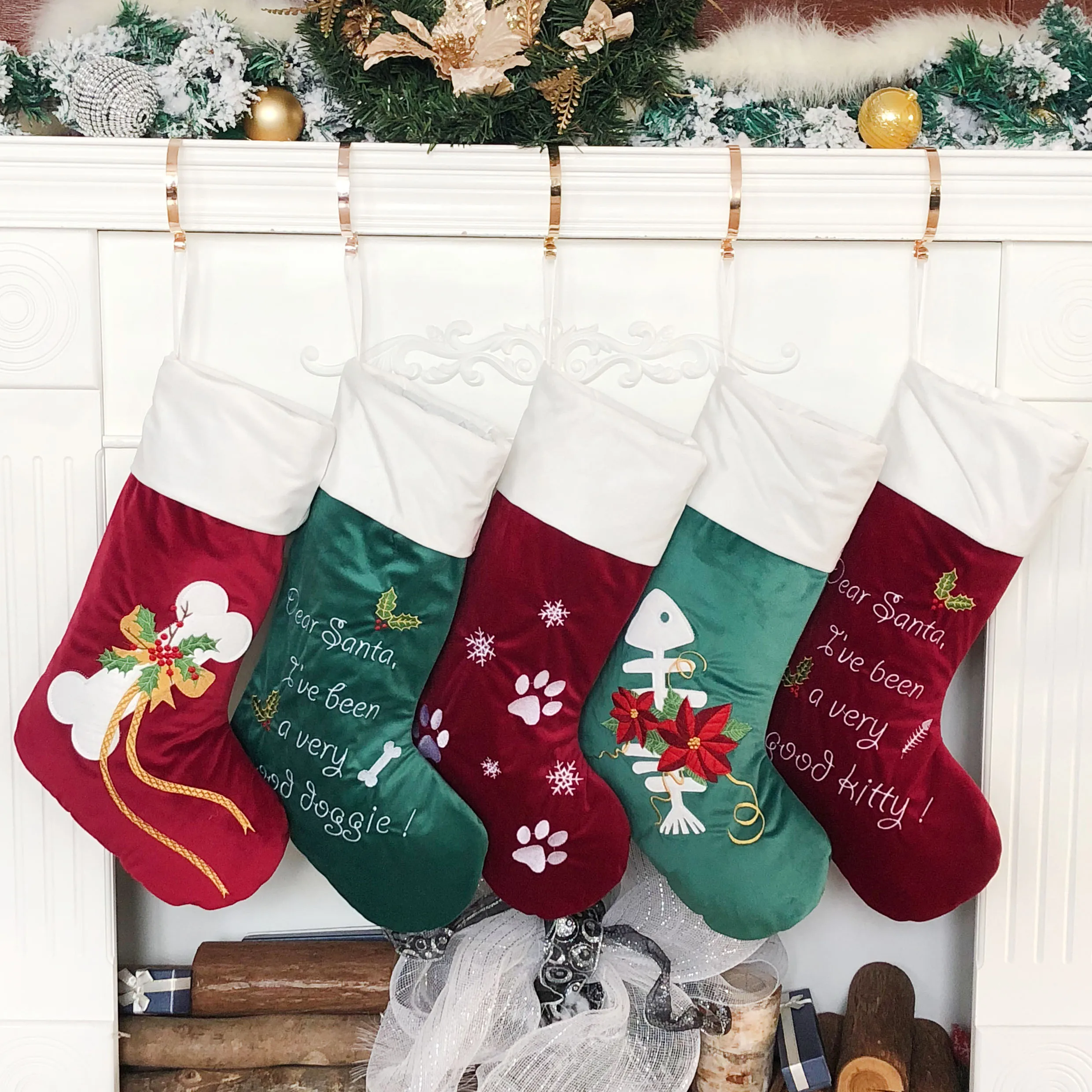 
Orginal Design Dog Pet Embroidery Luxury Velvet Christmas Stockings Fireplace Hanging Decoration 