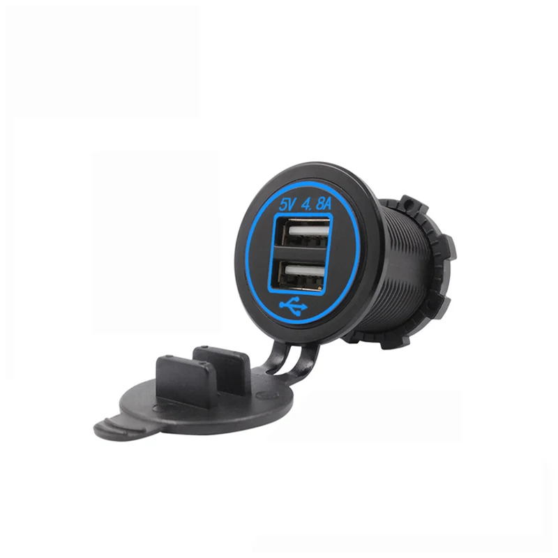 DC USB round socket 5V 4.8a dual usb charging socket with blue led  ip66 car usb socket