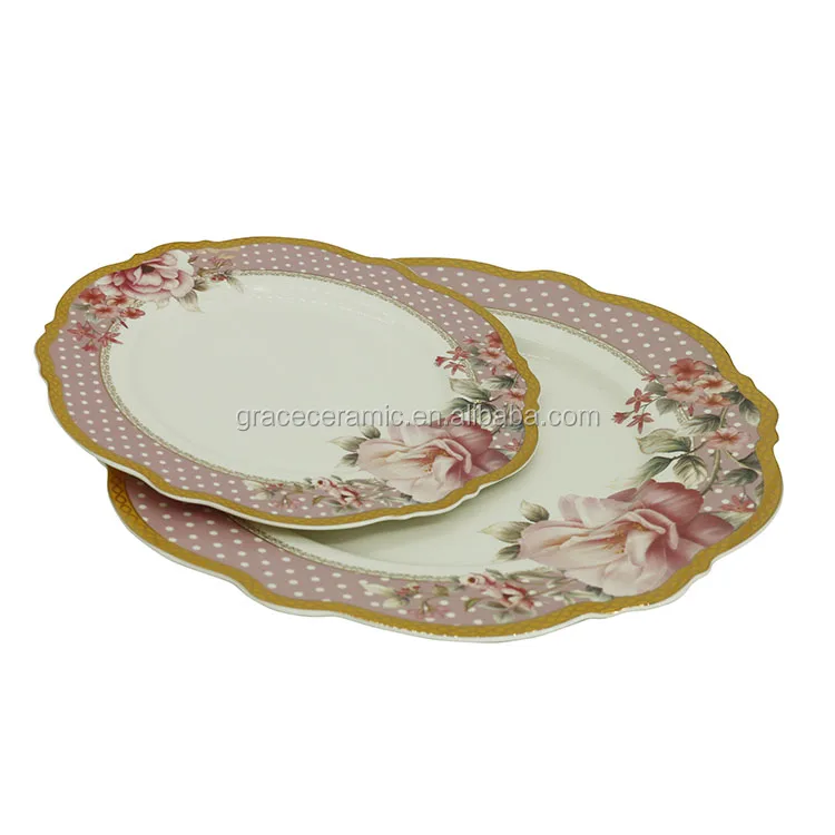 Vintage Floral Design Turkish Pink Bone china Ceramic Dinner Set Porcelain With Gold Rim
