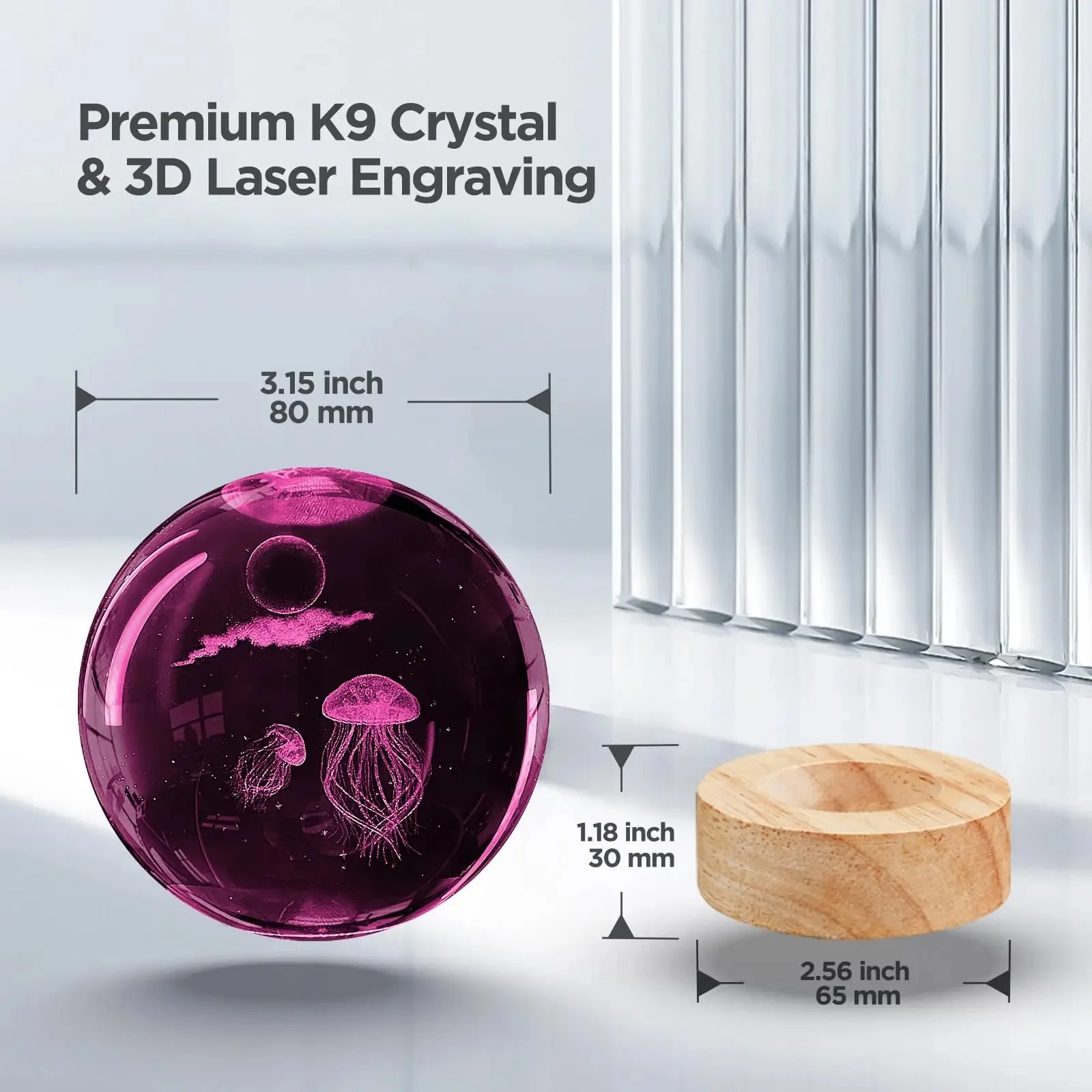 Lovely Children Birthday Gift 80mm Crystal Ball With 3D Laser Engraved Jellyfish With Led Base For Room Night Light