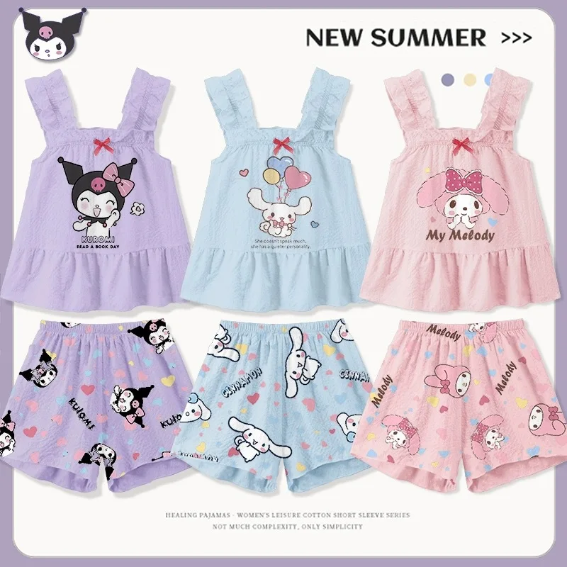 FA052 Cute Hello Kt Kulomi Kid Pajama Soft Cotton Sleepwear Nightgown Dress for Girls Long Sleeves Print Technique Winter Summer