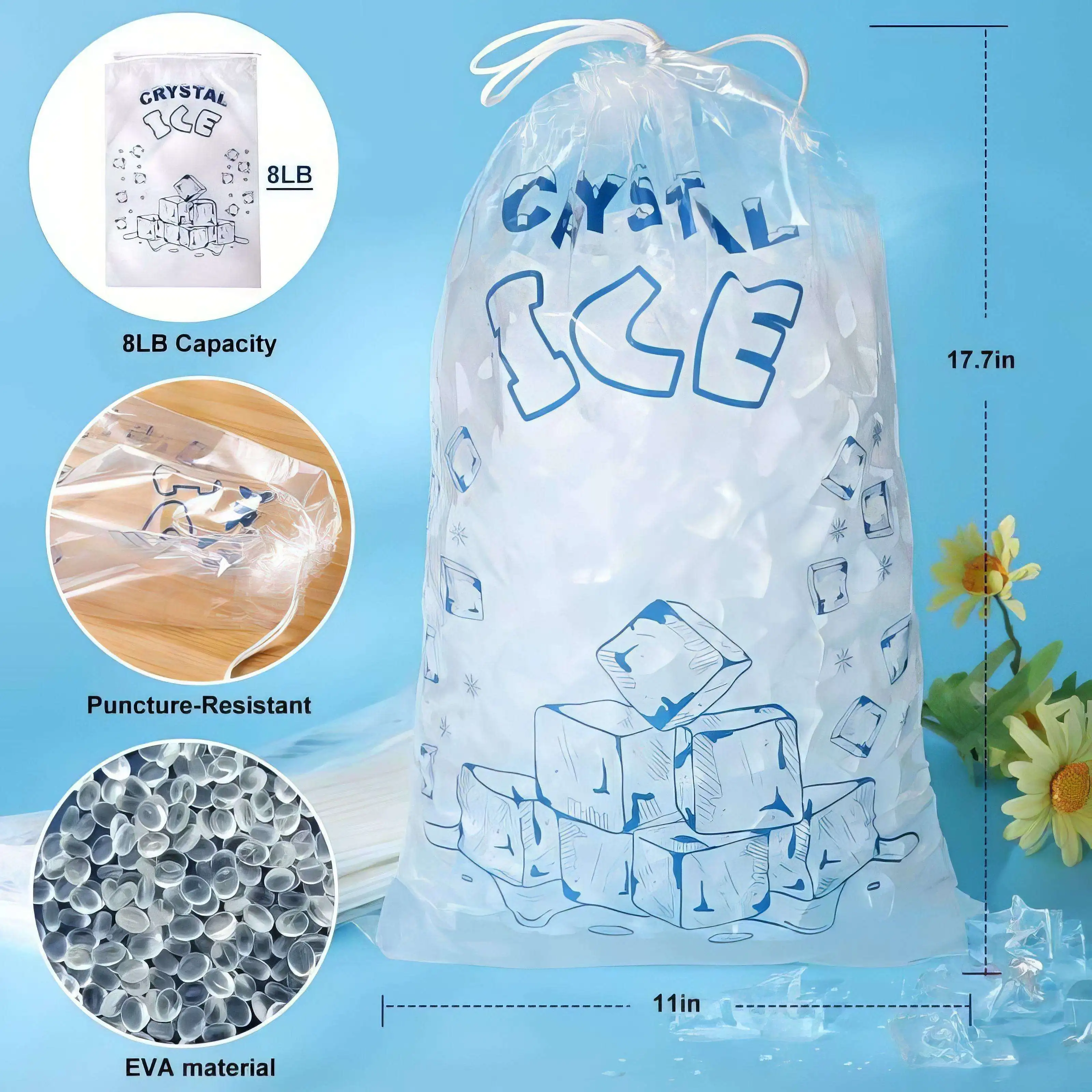 Food Grade BPA Free Safe 10 lbs Ice Bags Heavy Duty Printed Drawstring Ice Bags for Packaging Ice Cubes