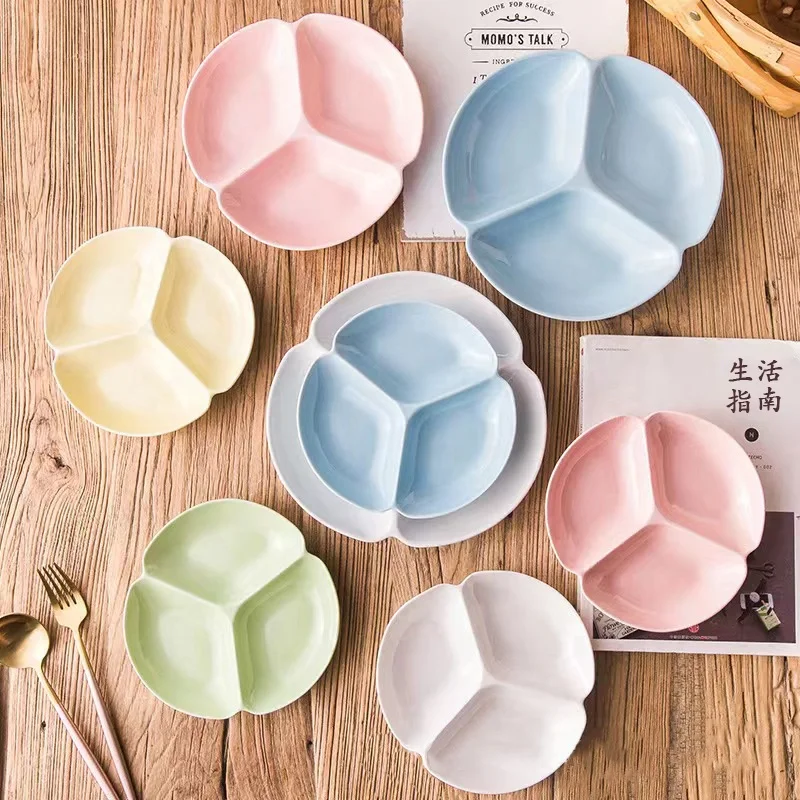 Round Shape Children Home Use Baking 3 Divided Porcelain Dish Dinnerware Plates Three Compartment Ceramic Divided Plate