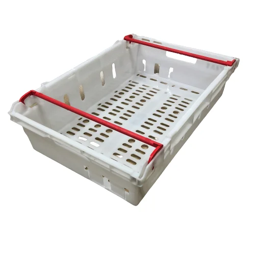 Stackable plastic boxes of fruits and vegetables for transporting mushrooms, grapes, etc. in supermarkets and farms