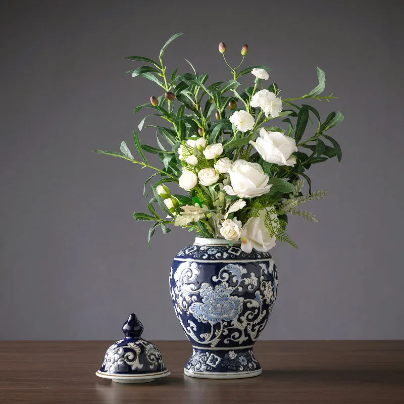 Hand-Painted Blue White Ceramic Vase New Chinese Style Exquisite Flower Pot Living Room Decorative Stone General Jar Tea Pot