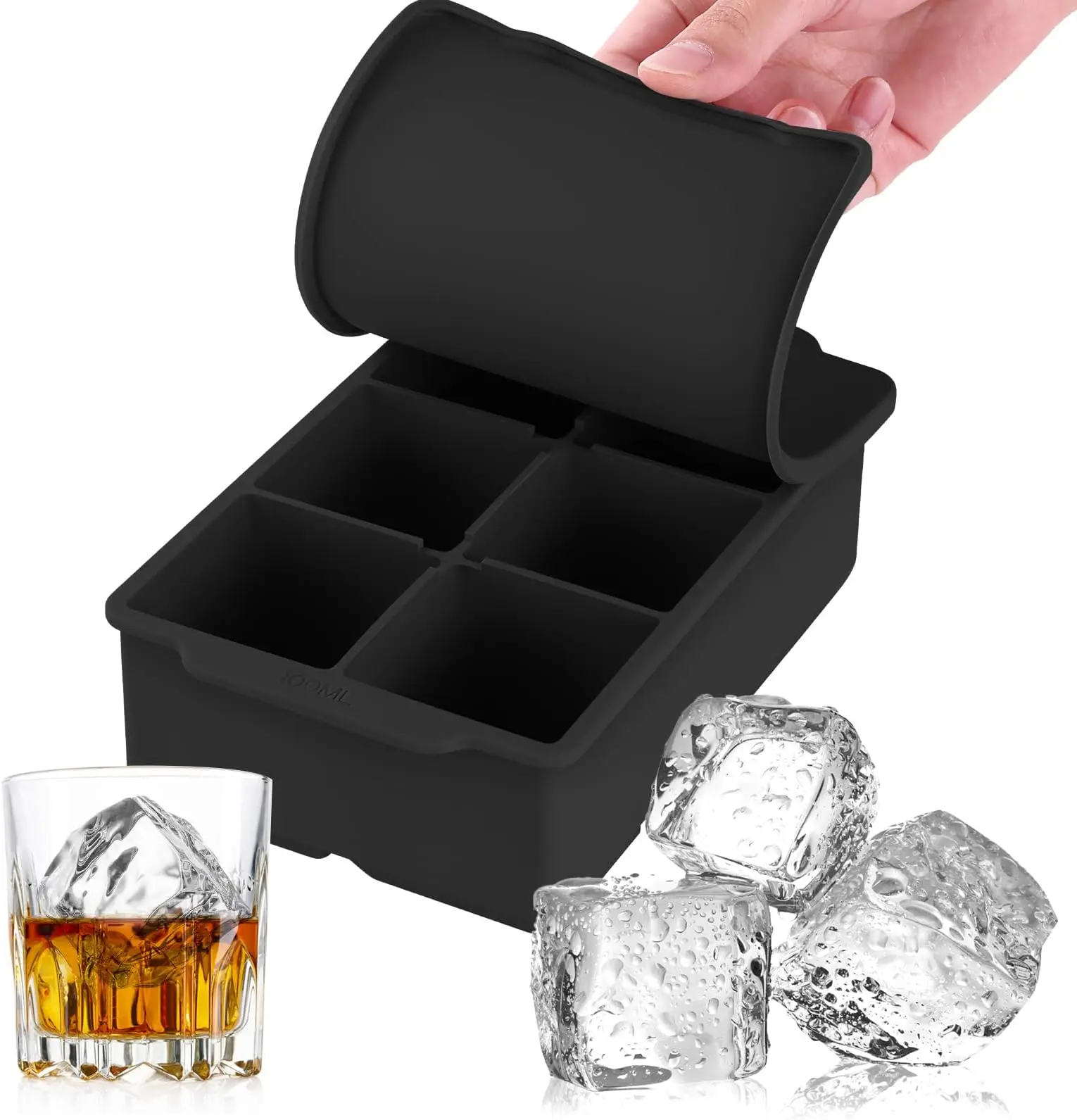 BPA free Silicone 6 Compartment Ice Cube Tray OEM ODM Freezer Ice Cube Moulds with Silicone Lid Whiskey Ice Maker