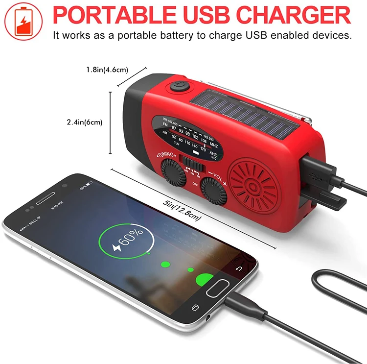 OEM Factory Portable Rechargeable 2000mah Emergency Radio Solar Hand Crank with Cell Phone Charger