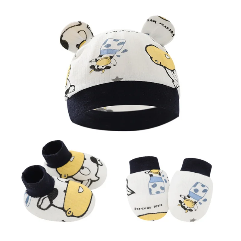 Newborn Infant Beanie No Scratch Cap Cute Baby Hats Mittens Socks Sets