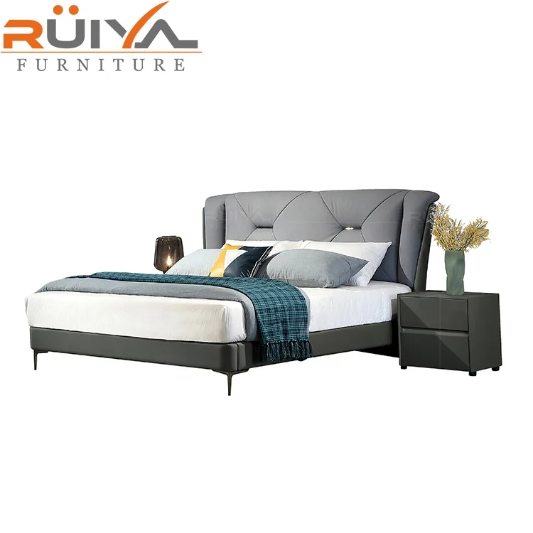 modern luxury bedroom furniture upholstered solid wood leather bed genuine leather bed frame