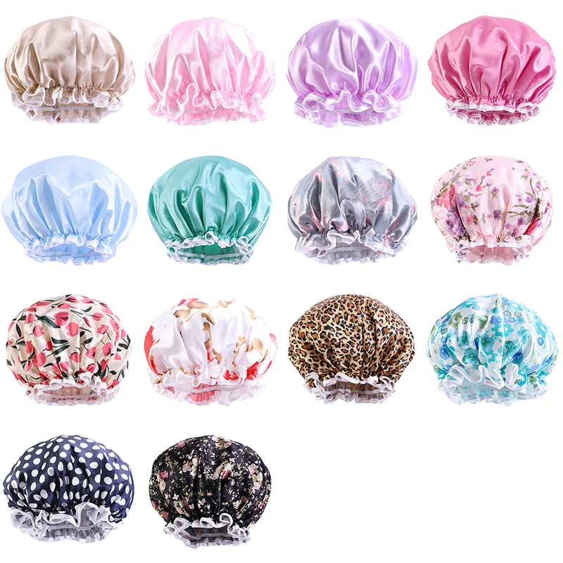 Large Size Satin Women Bonnets High-grade Shower Cap Double Layer Waterproof Bath Hats