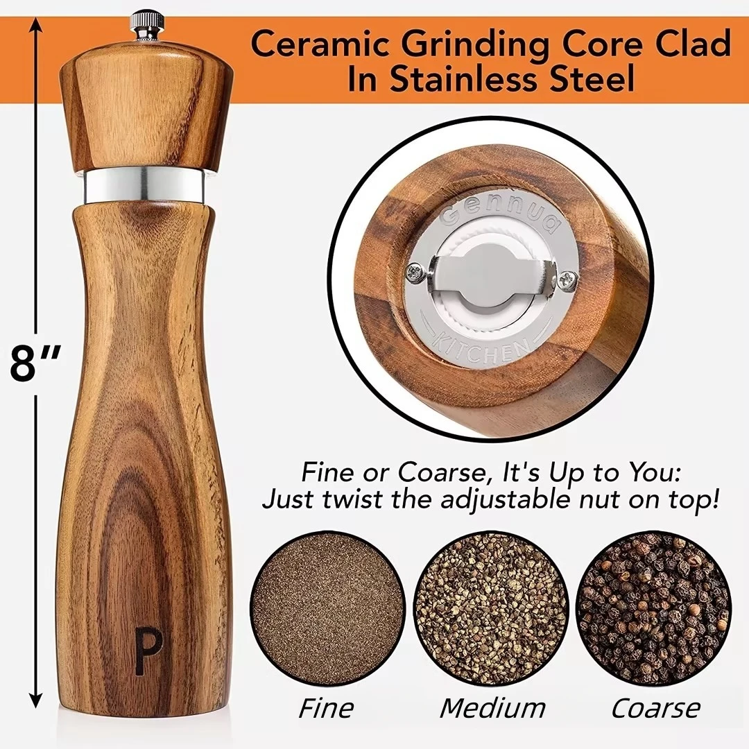 8' Salt and Pepper Grinders Set Acacia Wooden Shakers Ceramic Rotor with Strong Adjustable Coarseness for Kitchen Supplies