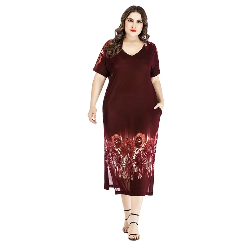 Hot selling heavyweight 6XL summer dress maxi dress dark red dress women plus size