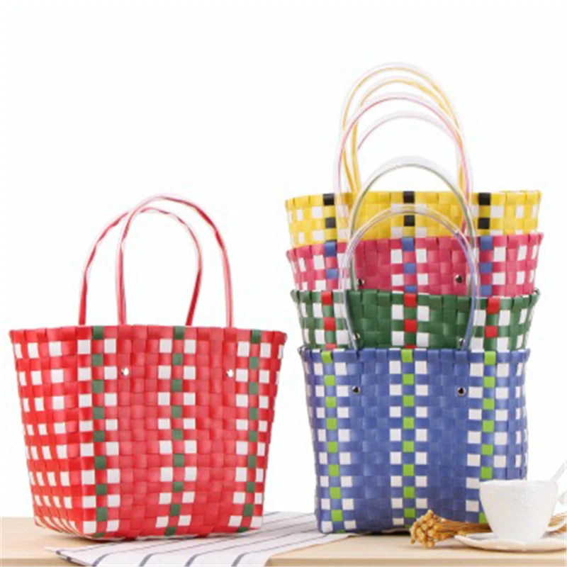 Hot Style Wholesale Beach Women Rattan Handbag Fashion Plastic Plaid Woven RattanTote Shopping Basket Bag
