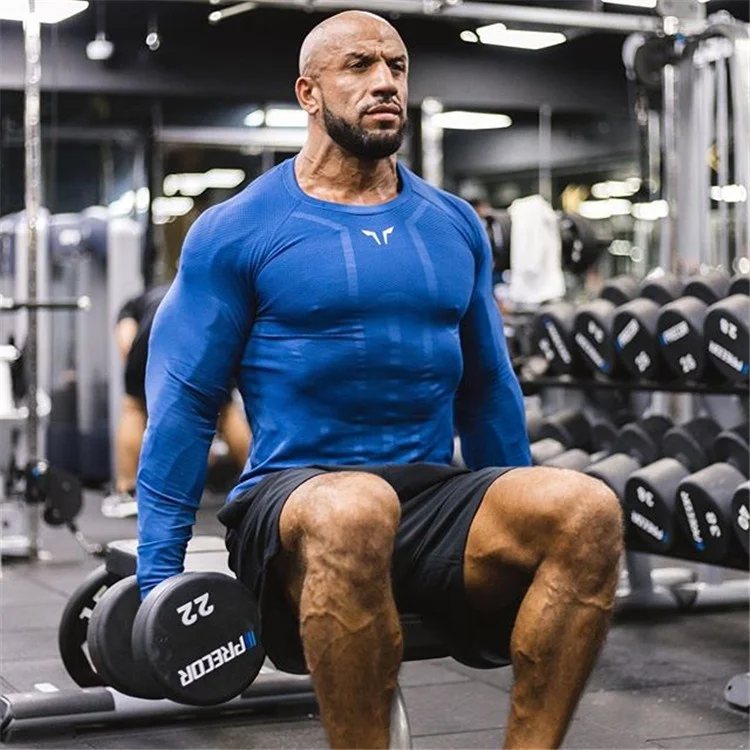 New fashion Stitching color men  fitness sports running tight T shirt stretch sweat quick dry long sleeve shirt