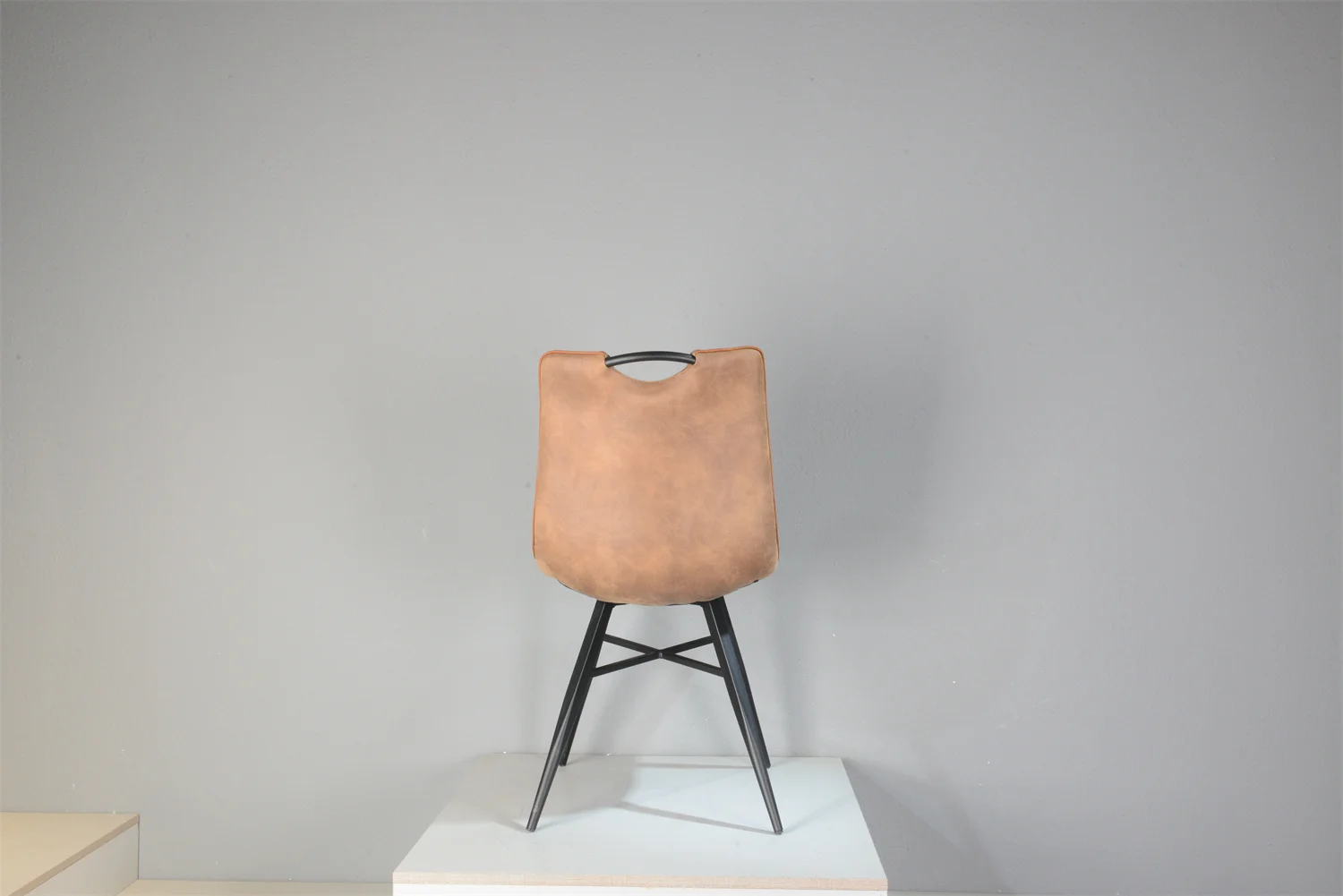 European hot sale industrial style cognac fabric home kitchen dining chair with cross metal feet