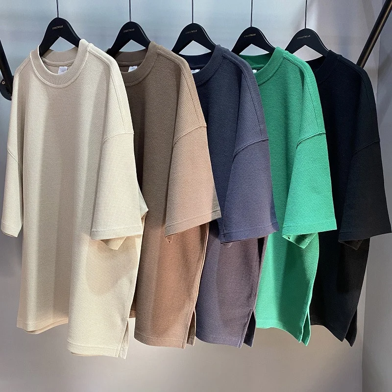 Boxy Polyester Unisex Waffle Knit Tshirt Fit Men's T Shirt Heavy Thick Collar Tee High Quality Jersey Cotton Blank 260gsm