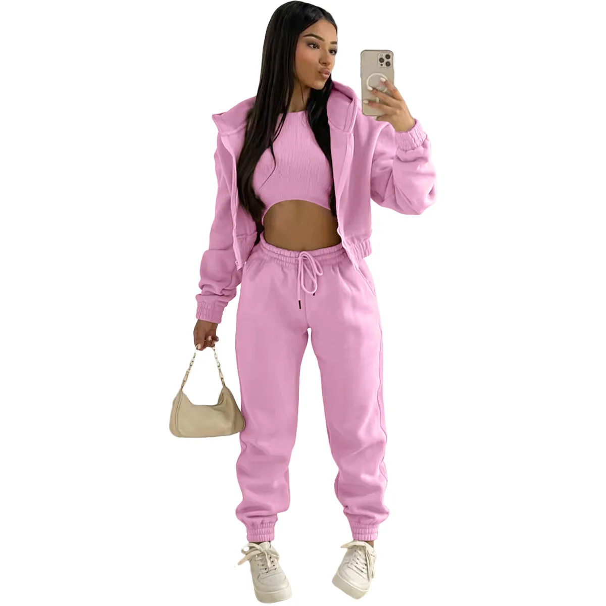 Ladies Active wear sets three piece sets tank top sweatpants matching jackets tracksuits sets hoodies long sweatpants spring