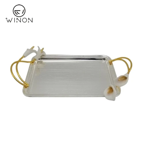 Luxury Household Hotel Silver Plated Rectangle Iron 11 inch Serving Trays with handle