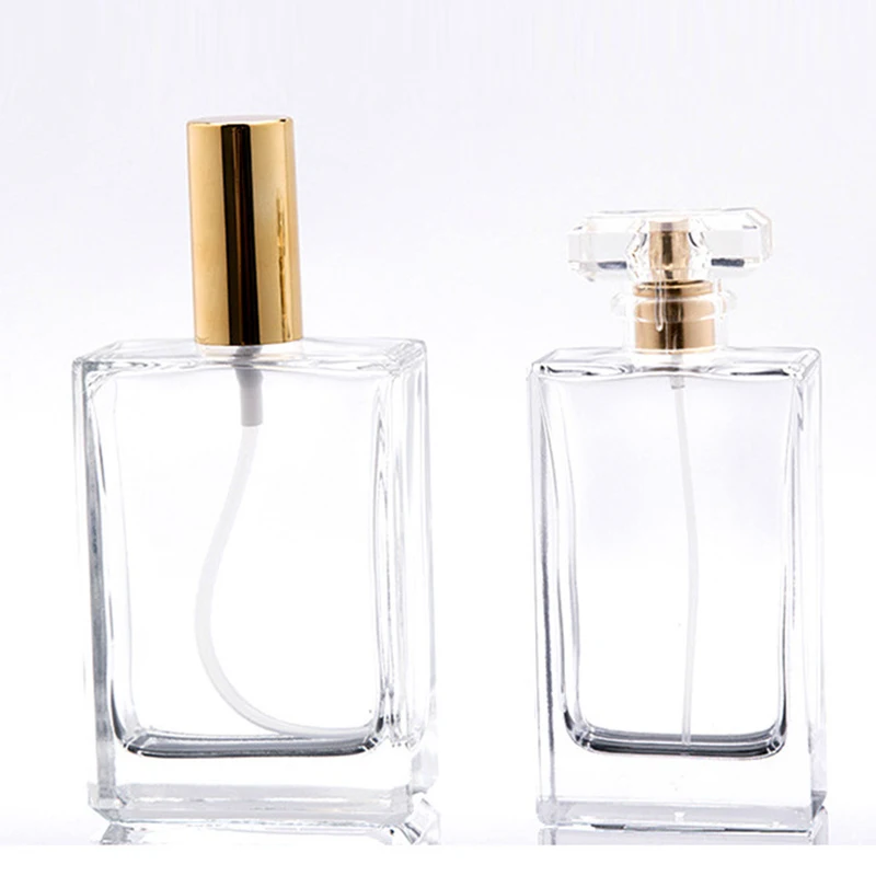 15ml 30 ml 30ml 50ml 100ml Refillable Square Clear Perfume Spray Glass Bottle with Gold Aluminum Sprayer Head and Cap