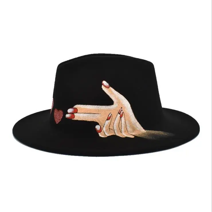 
Classic Wide Brim Floppy Panama Hat Hand Painting Felt Wool Fedora Hat Unisex Jazz Hats Custom 