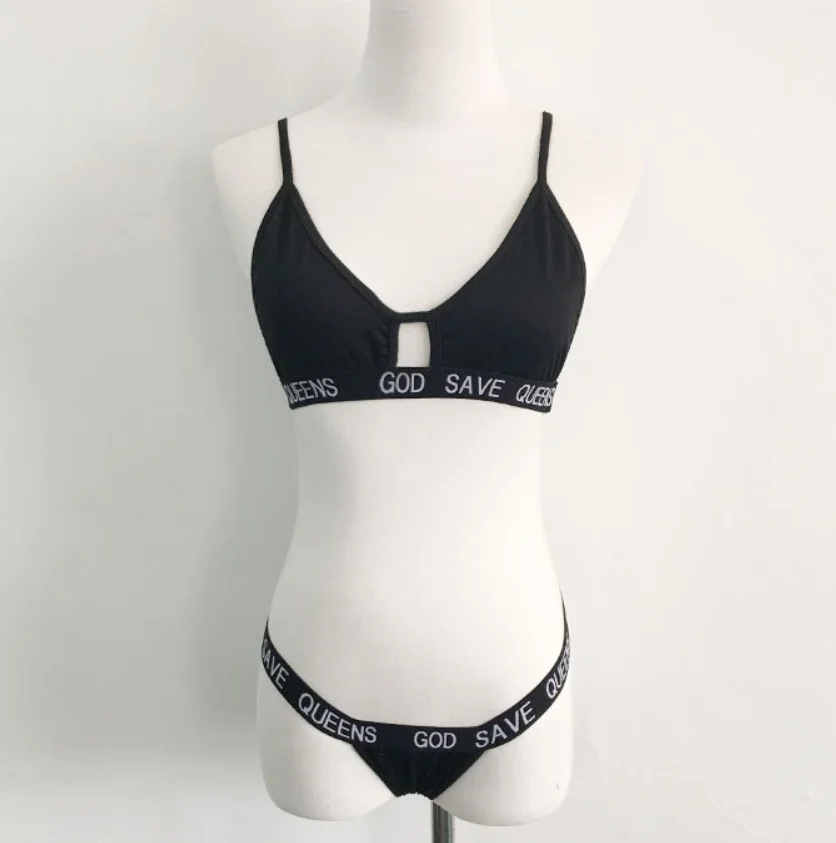 
Fashion Custom Logo Sport Underwear Set Lingerie Women Cotton Bra And Panties Thong Set Letter Print Band Bralette Knicker Set 
