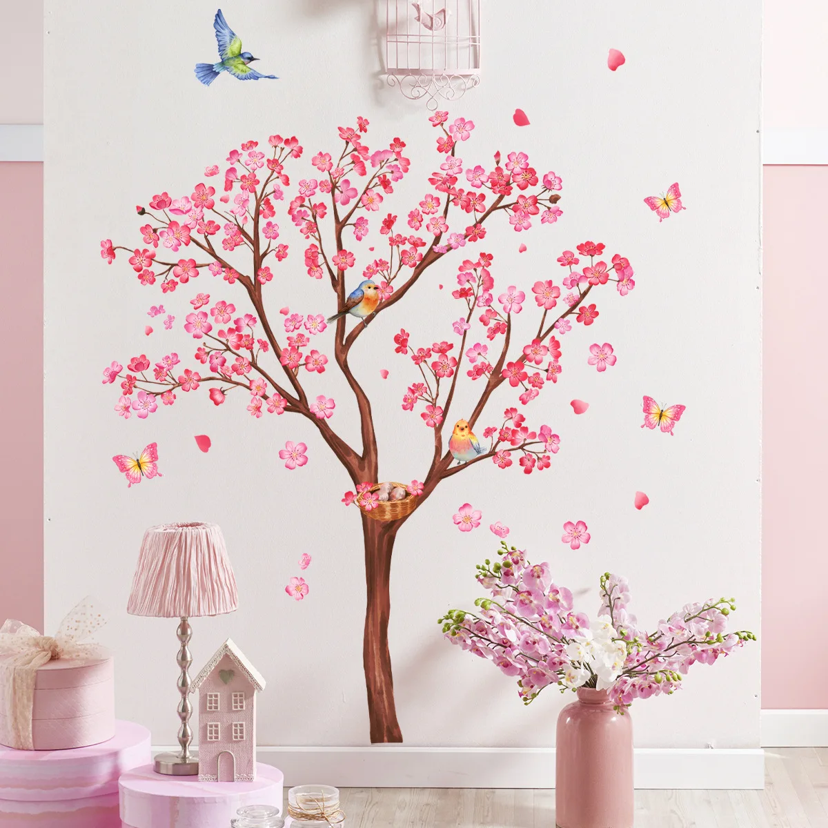 Pink Plum Blossom Tree Wall Sticker butterfly dancing gracefully Decals Living Room Decorative Wallpaper