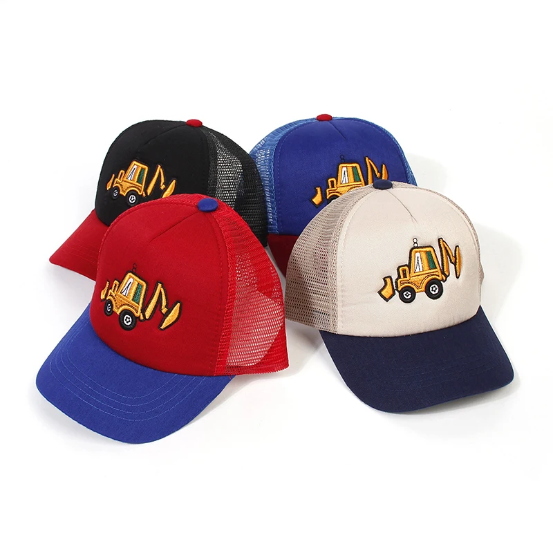 Landfond Outdoor Boys and Girls Trucker Hat Excavator Cartoon Embroidery Pattern Back Mesh Baseball Cap