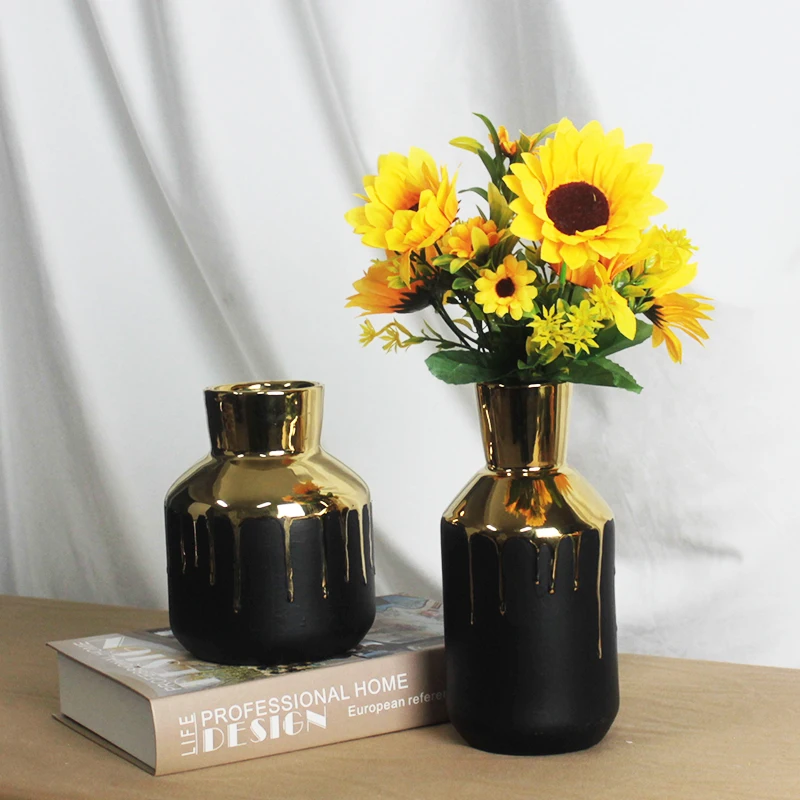 golden plated luxury modern vase black and gold ceramic flower vase for home decor custom ceramic vase