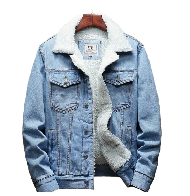 Old Fashion Washed Windproof Plus Size Thick Jean Anti Pilling Fleece Denim Jacket for Men