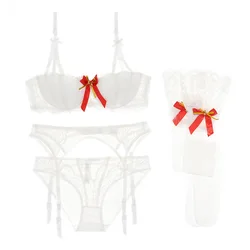 Christmas Underwear Ladies Christmas Red Half Cup Bra Set Native life Red dress up 4 pieces set