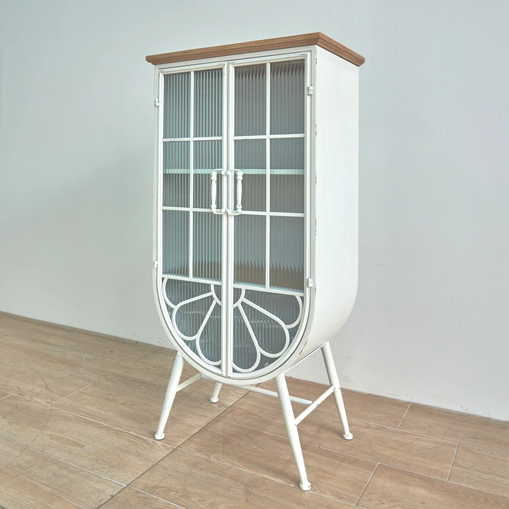 INNOVA New arrivals france rustic large arched white glass door wood top iron metal storage cabinet with legs