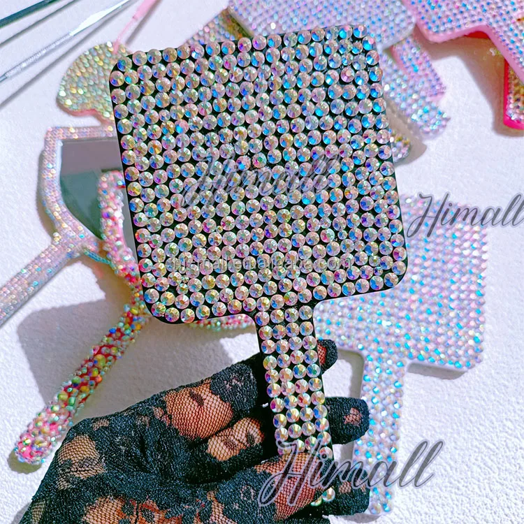 Luxury Shiny Rhinestone Round Square Heart Handheld Bling Diamond Makeup Mirror Lovely Handheld Cosmetic Mirror