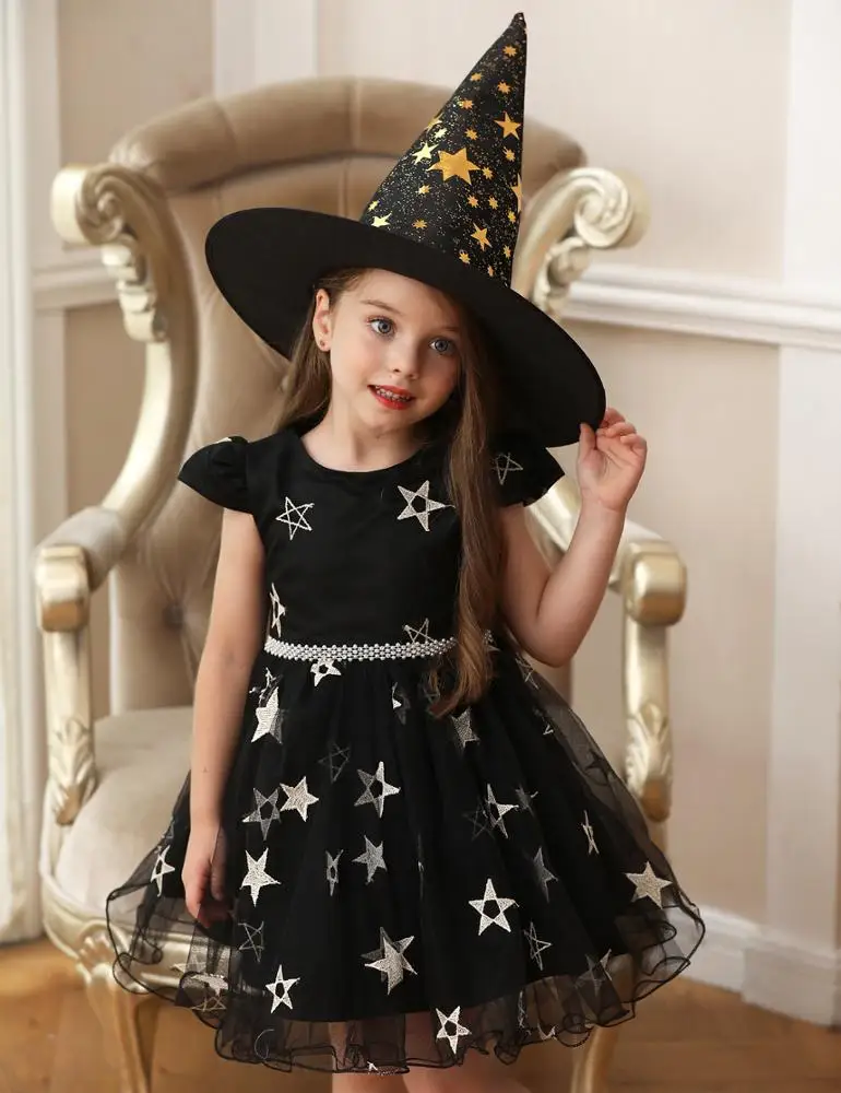 
2019 New Autumn Kids Girls Halloween Cosplay Dresses With Witch Hat Baby Girl Star Party Dress Pearl Beading Lace Ball Gown 