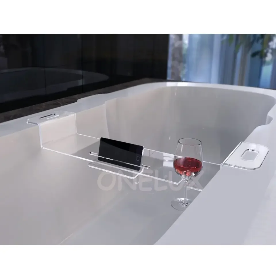 Acrylic bathtub mobilephone,pad storage shelf rack,Lucite bathroom wine glass holder tray