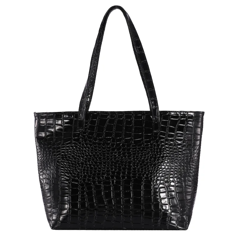 2022 New Simple Cheap Solid Color Pu Leather Shoulder Handbag Women Large Capacity Crocodile Pattern Tote Bag