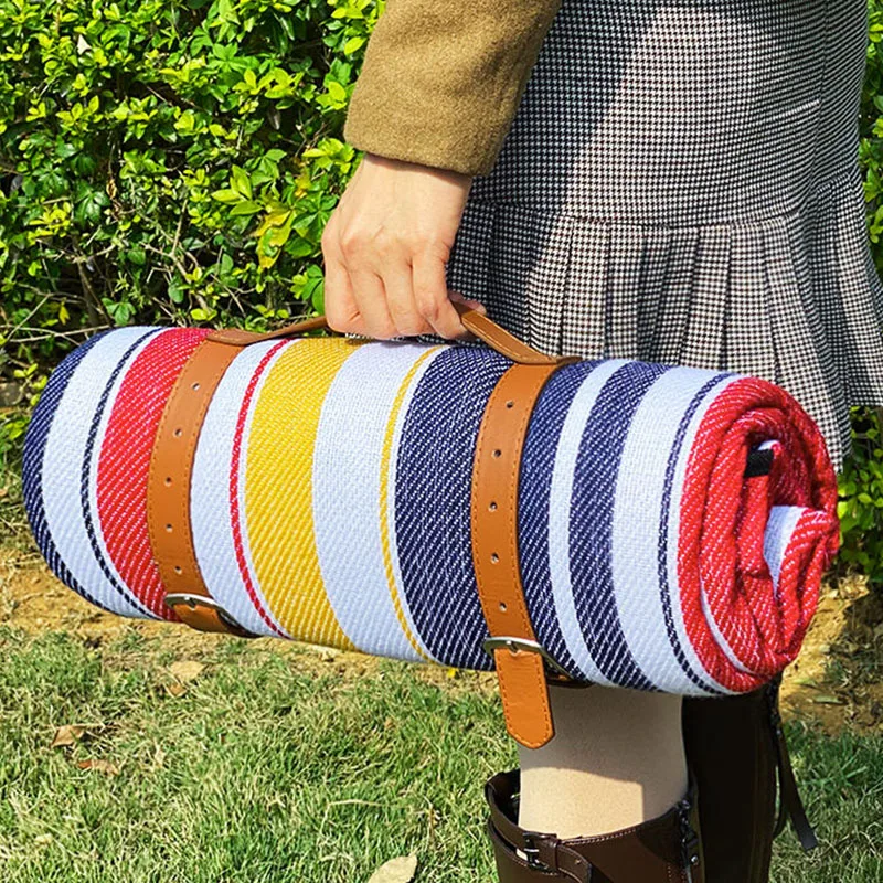 OEKO Thick Woven Beach mat With Carry Leather Strap Picnic Matt Blankets for Family  Camping