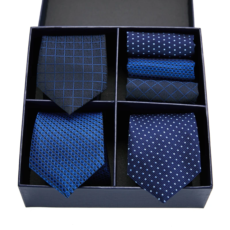 Woven Silk Gift Box 3 Styles Tie Handkerchief Cufflink Set Pocket Squares Necktie For Men Suit Accessories Blue Fit Group