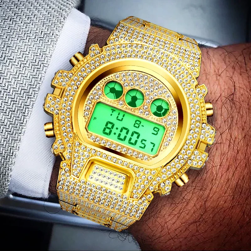 missfox Men Watch Hip Hop Iced Out Stainless Steel Multifunctional Digital Watches Luxury Diamond G Style Shock Resistant Clock