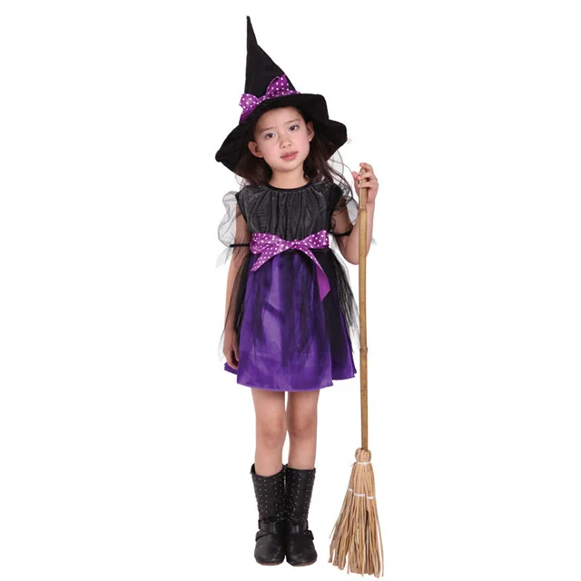 
Toddler Girl Witch Cosplay Costume Kids Short Sleeve Dress with Polka Dot Ribbon Pointed Hat for Halloween Fairytale Party Props 