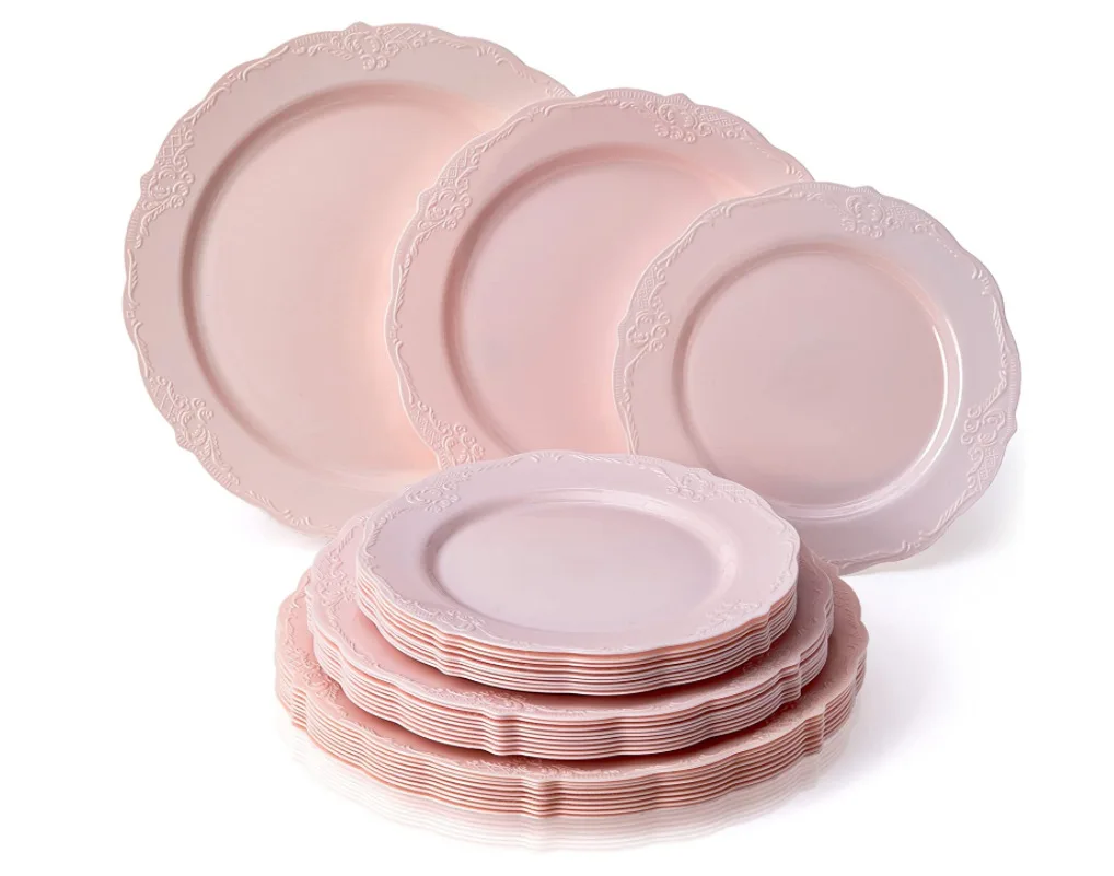 BST 7 5 9 10 25 дюймов Китайский цветочный тип декоративные тисненые круглые свадебные обеденные тарелки розовые пластиковые для вечеринок