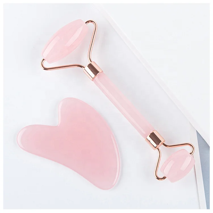 High Quality Pink Jade Roller Face Massage Roller Jade Guasha Stone Hot Selling Jade Roller Guasha Set