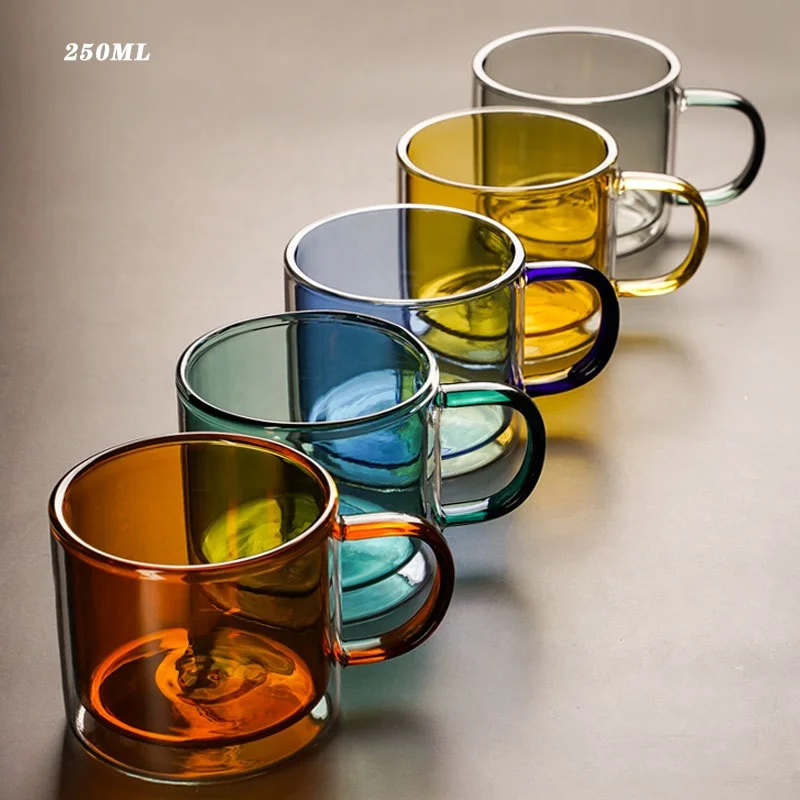 Clear borosilicate double wall color glass mug with handle