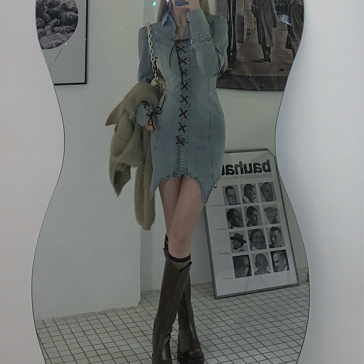 Women Long Sleeve Casual Dresses Stretch Strappy Solid Color V-neck Skinny Dollars Collar Irregular